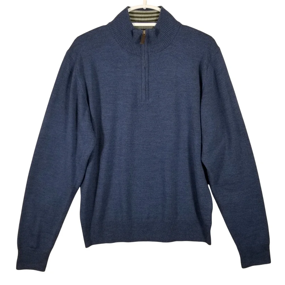 Tom James Mens Blue 100% Merino Wool Quarter Zip Sweater Made‎ in Italy Size M